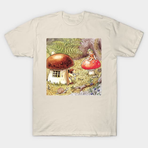 Toadstool Mushroom Girl and Gnome with Snail T-Shirt by softbluehum